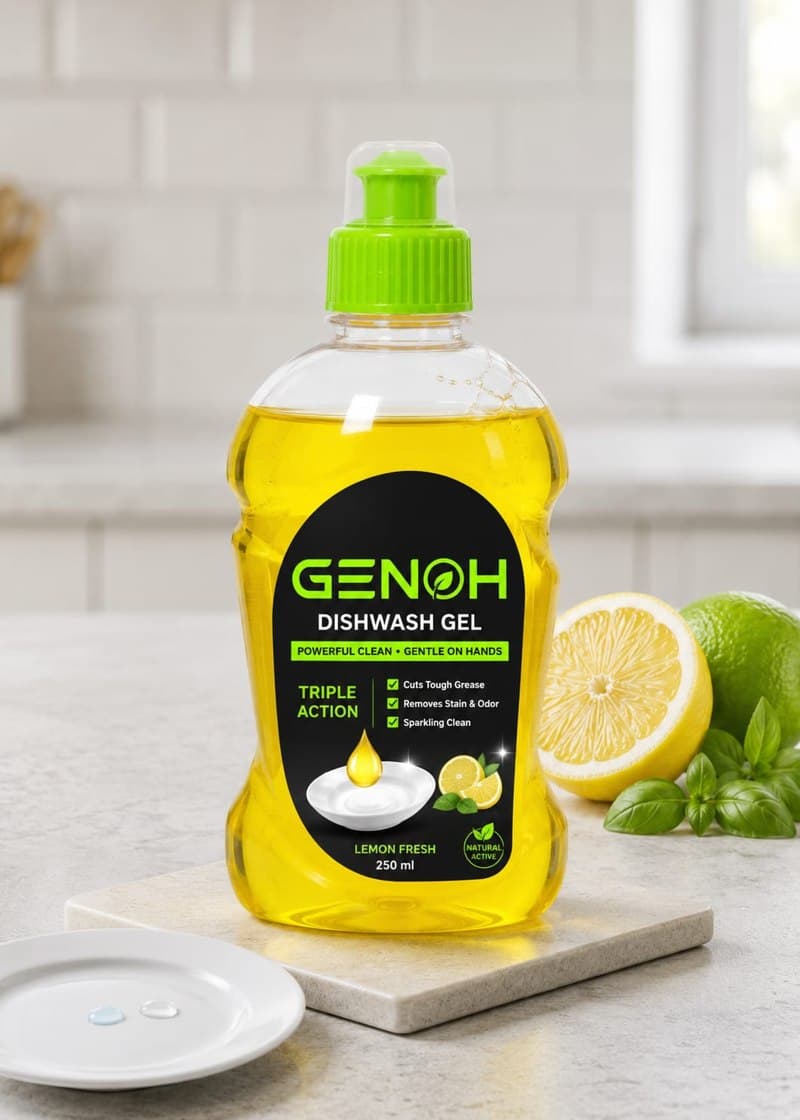 GENOH Dishwash Gel bottle next to a stack of clean dishes